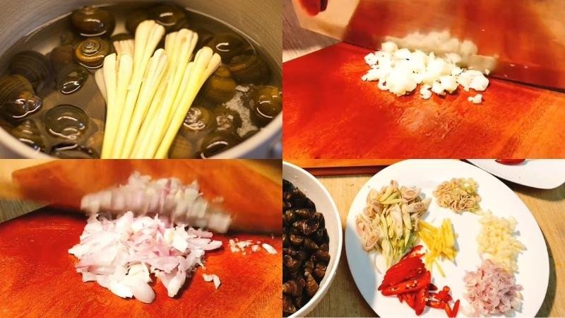 Sơ chế các loại rau thơm và gia vị cho món ốc đá xào sả ớt