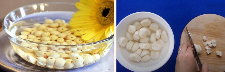 Sơ chế củ năng và hạt sen để nấu chè củ năng