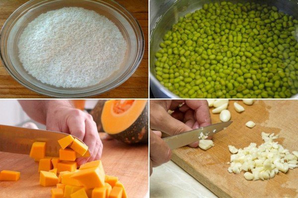 Sơ chế gạo, đậu xanh và bí đỏ trước khi nấu cháo