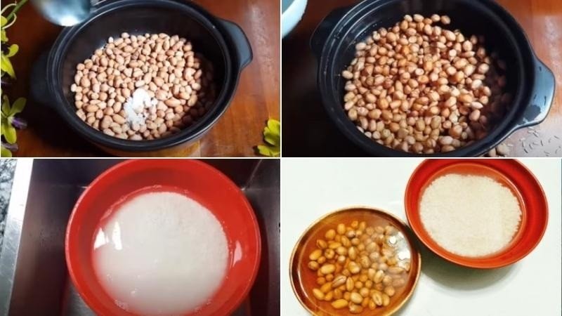 Sơ chế gạo nếp và đậu phộng ngâm nước trước khi nấu xôi đậu phộng bằng nồi cơm điện