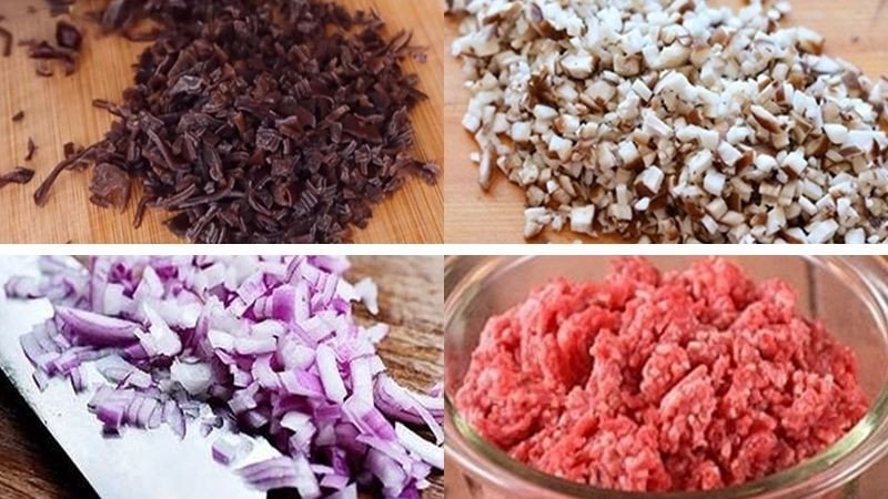 Sơ chế hành tím và nấm hương cho món bánh răng bừa