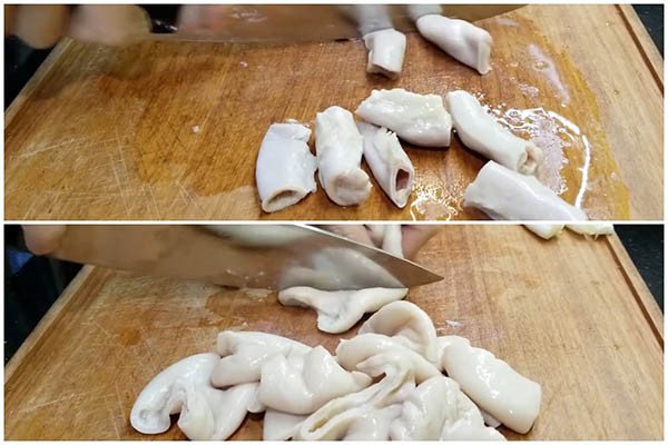 Sơ chế lòng non và ruột già kỹ lưỡng trước khi nấu
