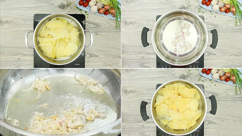 Sơ chế măng chua và xào với gia vị cho món lẩu cá