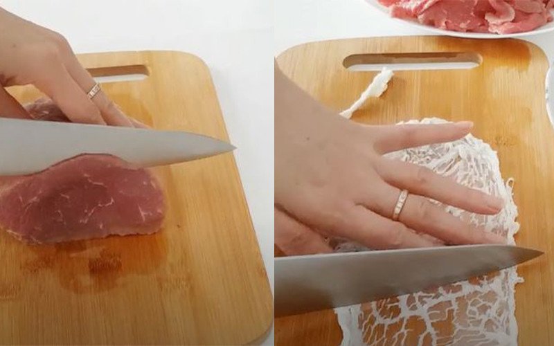 Sơ chế mỡ chài và các loại rau thơm để chuẩn bị ướp thịt bò