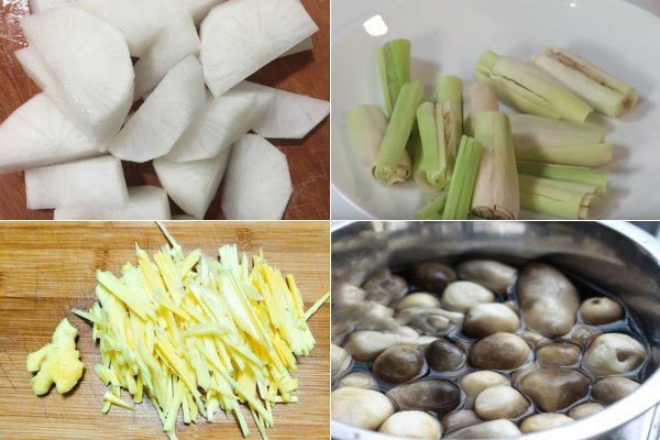 Sơ chế nấm rơm và sả cây cho món lẩu gà hầm sả
