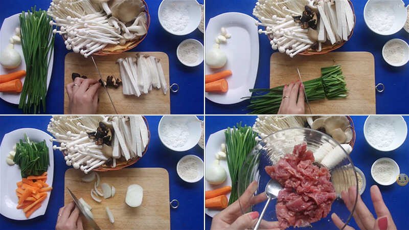 Sơ chế nấm và thịt bò chuẩn bị nấu canh nấm thập cẩm