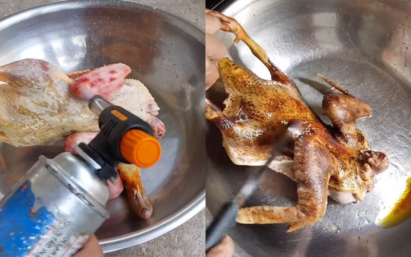 Sơ chế ngan và thui vàng da chuẩn bị nấu giả cầy