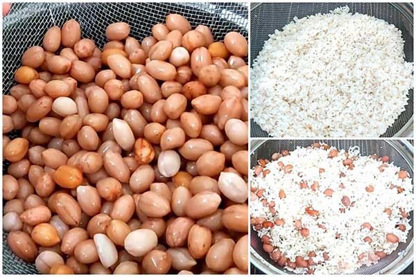 Sơ chế nguyên liệu đậu phộng và nếp cho món xôi đậu phộng