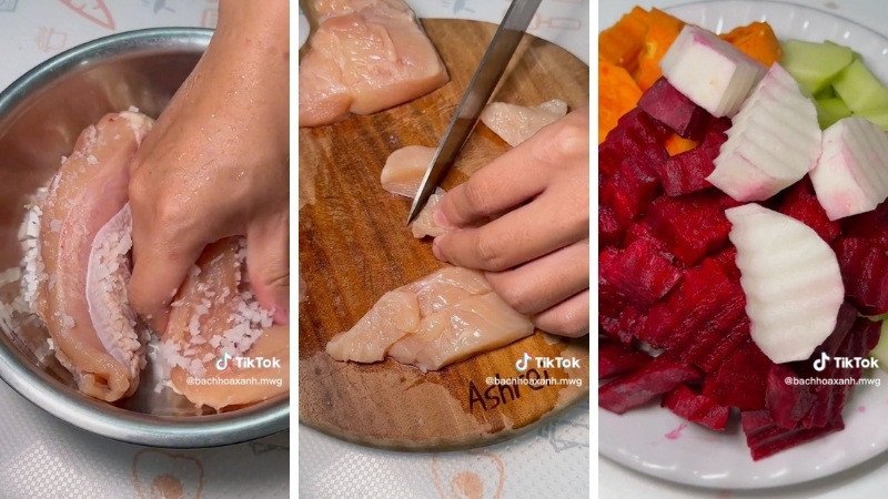 Sơ chế rau củ và thịt gà trước khi nấu canh gà với rau củ