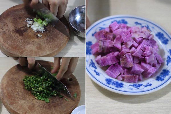 Sơ chế rau thơm và khoai mỡ cho món canh