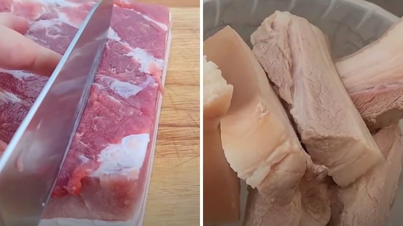 Sơ chế thịt ba rọi sạch sẽ để khìa