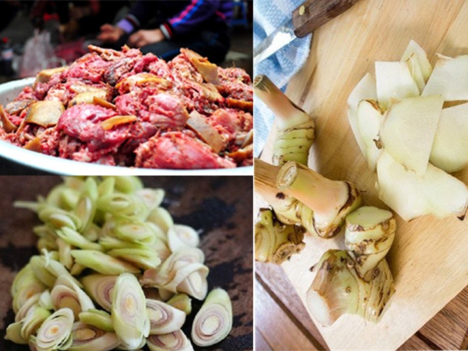 Sơ chế thịt chó và rau má chuẩn bị nấu lẩu