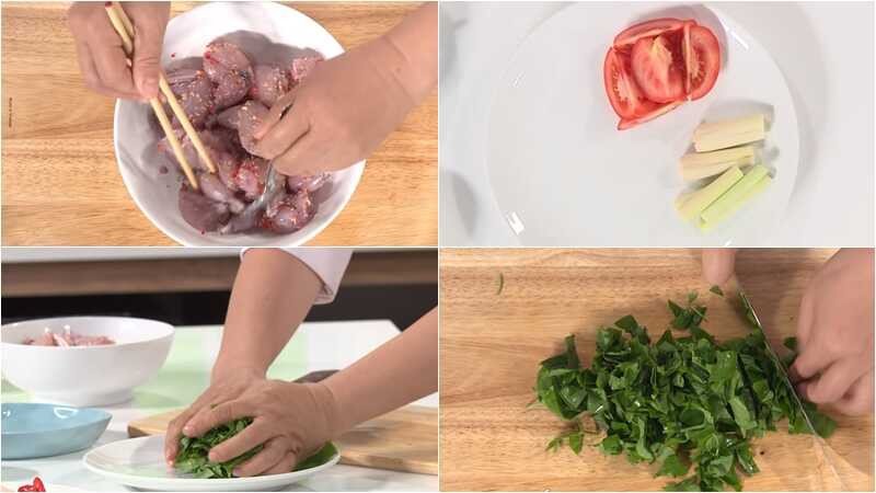Sơ chế thịt ếch và các loại rau củ chuẩn bị nấu lẩu lá giang