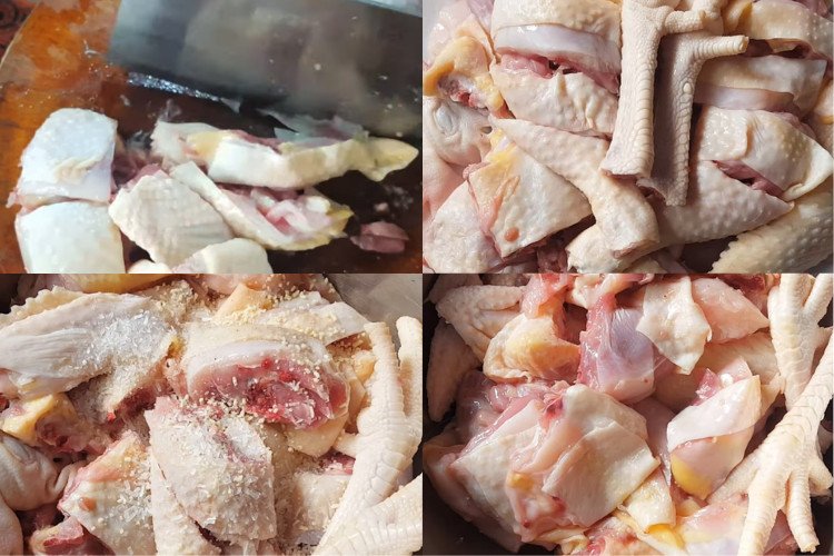 Sơ chế thịt gà tươi ngon và xào thấm vị trước khi nấu lẩu lá giang