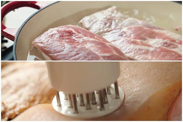 Sơ chế thịt heo quay bằng cách luộc da và xăm lỗ nhỏ