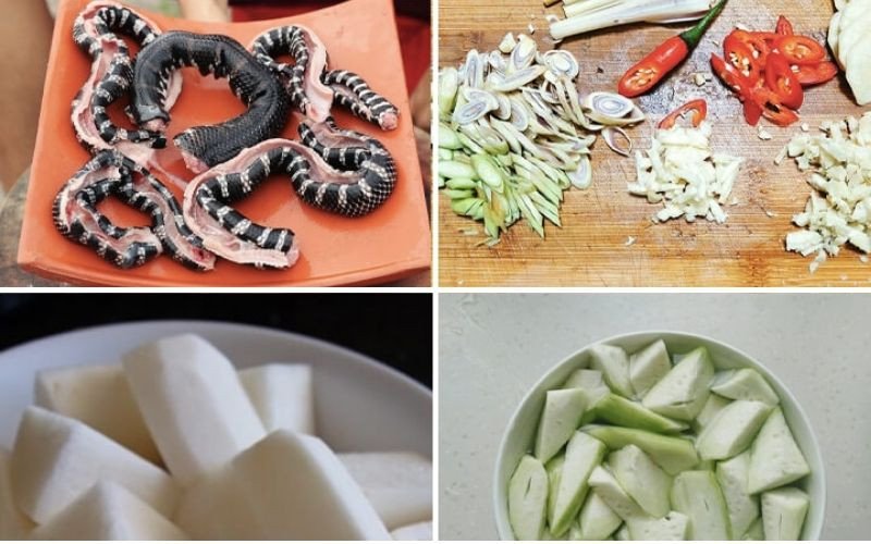 Sơ chế thịt rắn và rau củ chuẩn bị hầm sả