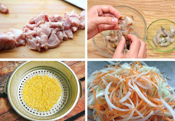 Sơ chế thịt, tôm và rau củ chuẩn bị làm nhân bánh xèo