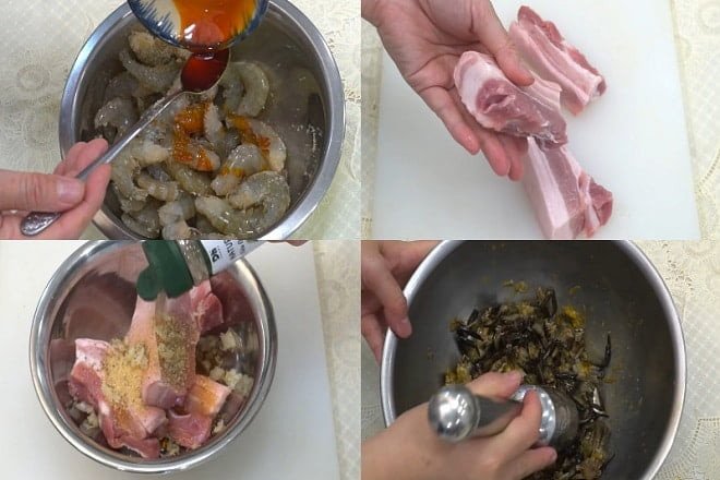 Sơ chế tôm và thịt ba rọi tươi ngon cho món mì Quảng Phú Chiêm