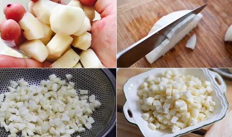 Sơ chế và cắt hạt lựu củ năng trước khi sên