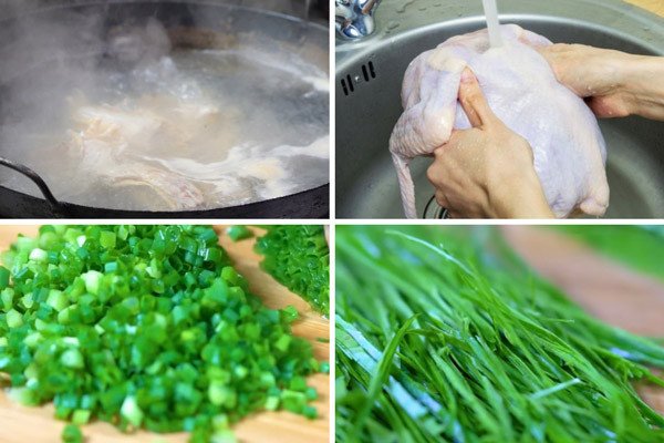 Sơ chế xương gà và nguyên liệu rau thơm cho món phở gà Hà Nội