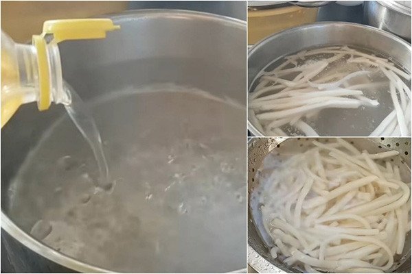 Sợi bánh canh cá lóc trắng ngần đang được luộc trong nồi nước sôi