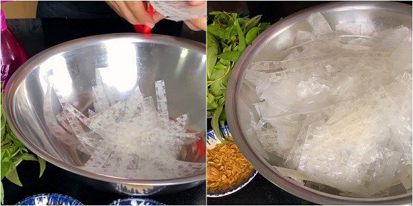 Sợi bánh tráng được cắt nhỏ để dễ dàng trộn với sa tế