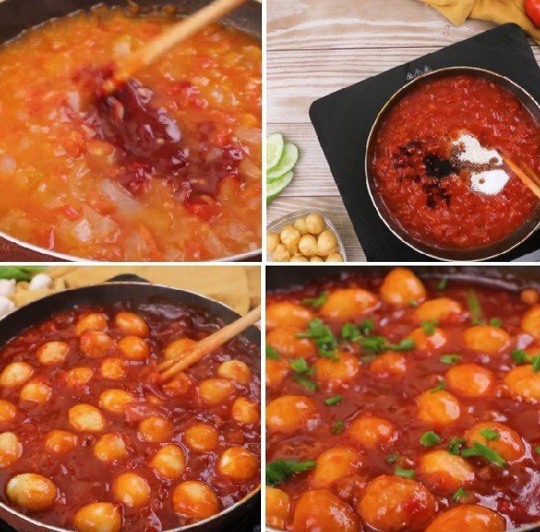 Sốt trứng cút với cà chua, hành tây và tương ớt