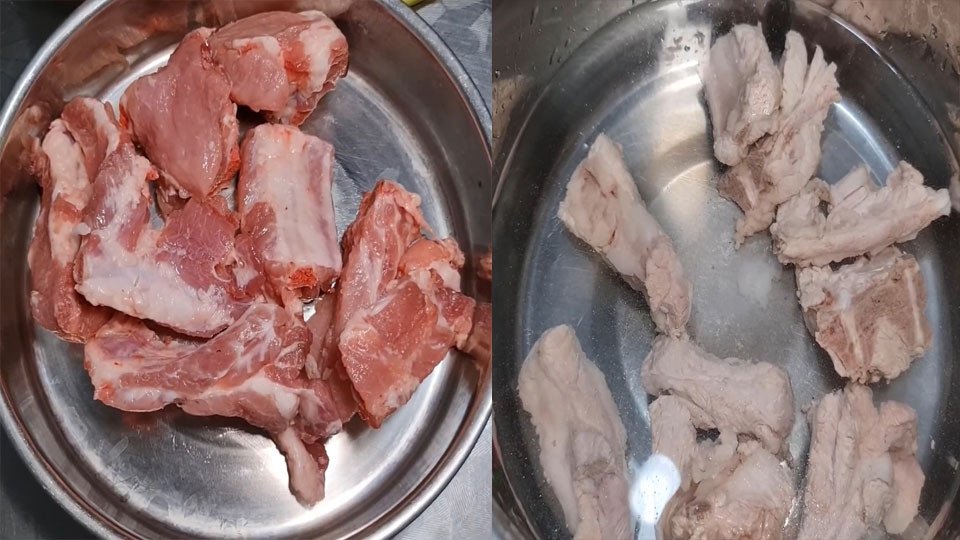 Sườn heo đang được sơ chế sạch sẽ trước khi hầm