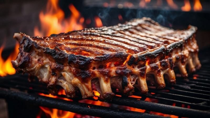 Sườn nướng cháy xém trên bếp than, minh họa nguy cơ sinh ra chất độc hại khi nướng ở nhiệt độ cao