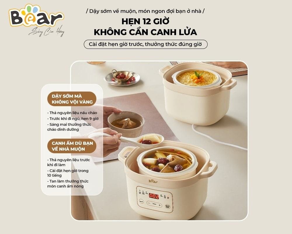 Tận dụng tính năng hẹn giờ thông minh của nồi nấu chậm Bear để rảnh tay chuẩn bị bữa cơm gia đình.