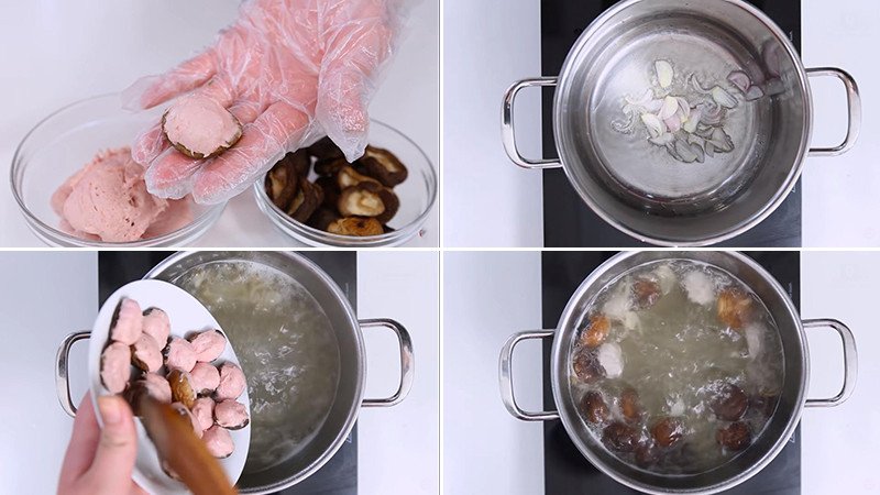 Tạo hình giò sống bọc nấm hương cho món canh mọc thập cẩm