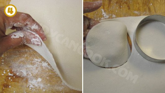 Tạo hình vỏ bánh bột lọc trần bằng cách cắt bột thành các miếng tròn đều