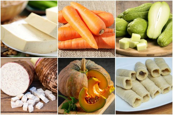 Tập hợp các nguyên liệu tươi ngon để chuẩn bị món mì quảng chay rau củ bổ dưỡng