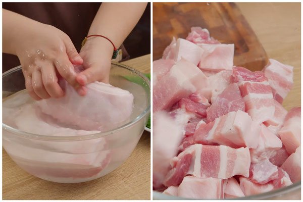Thái thịt ba chỉ thành miếng vuông vừa ăn cho món kho