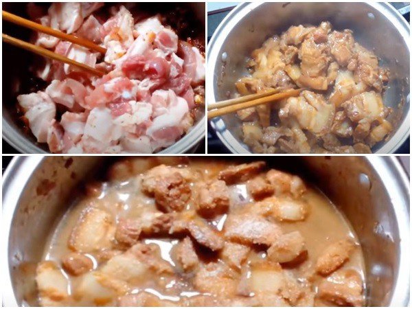 Thắng nước màu và xào thịt cho cách làm thịt kho tàu trứng cút