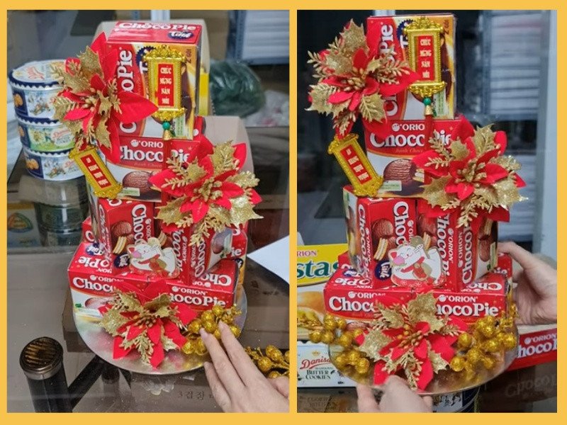Thành phẩm tháp bánh Chocopie tài lộc đẹp mắt