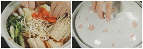 Thêm rau củ tươi xanh vào nồi lẩu kim chi