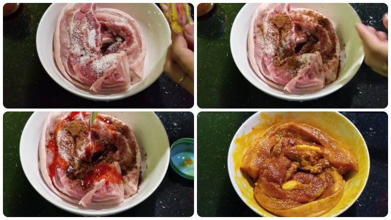 Thịt ba chỉ được tẩm ướp gia vị đều khắp