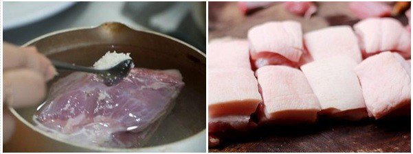 Thịt ba chỉ thái miếng vuông chuẩn bị cho cách làm thịt kho tàu trứng cút