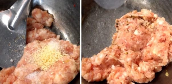 Thịt băm đã ướp gia vị chuẩn bị nấu canh mồng tơi