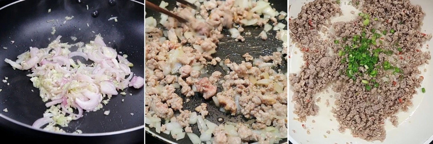 Thịt băm đang được rang cùng sả và hành tạo hương thơm đặc trưng