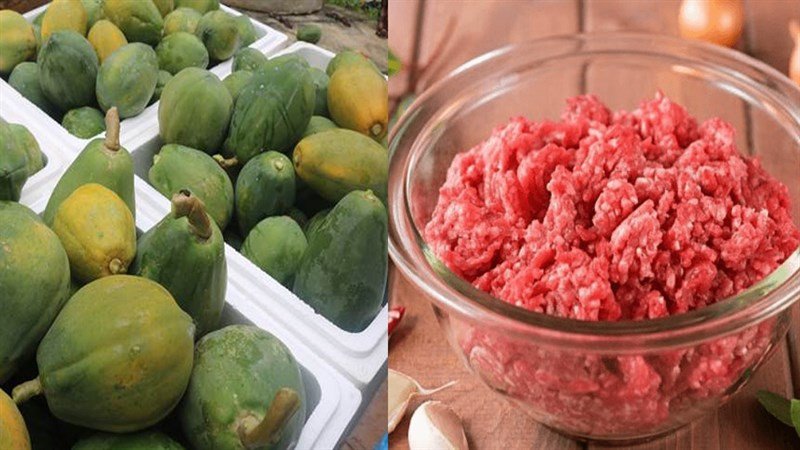 Thịt băm và các nguyên liệu cho canh đu đủ