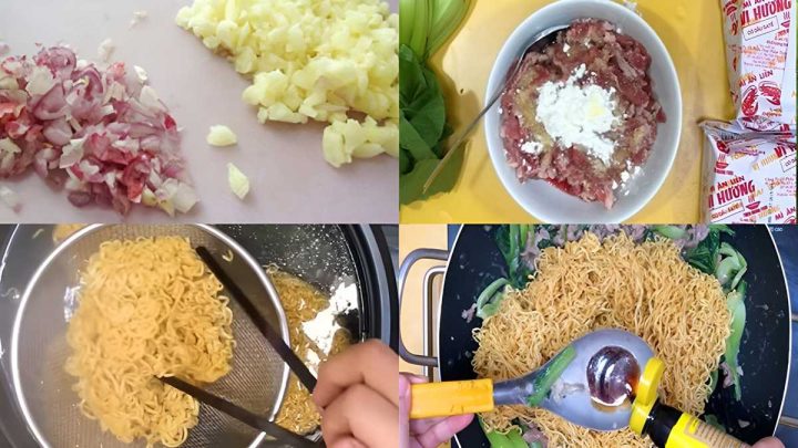 Thịt bò thái lát và cải thìa tươi ngon được chuẩn bị cho món mì gói xào bò đậm đà.