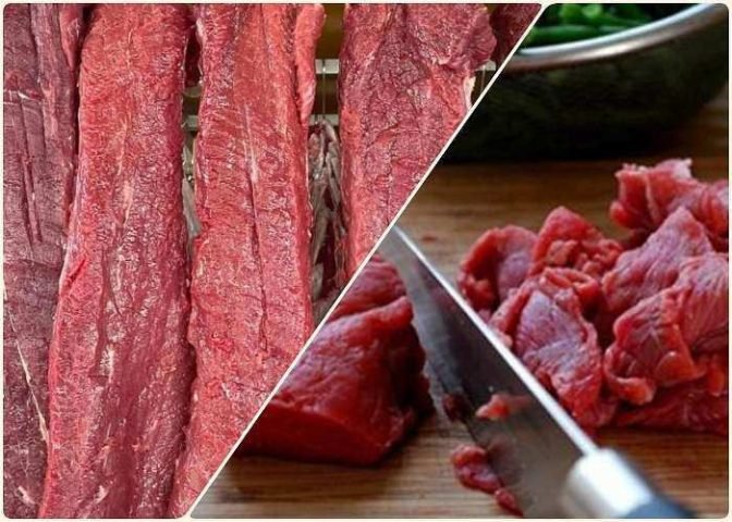 Thịt bò tươi ngon, miếng thịt màu hồng sáng chuẩn bị cho món xào.