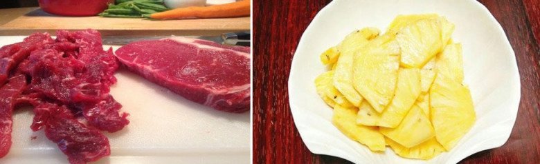 Thịt bò và dứa đã được thái lát chuẩn bị xào.