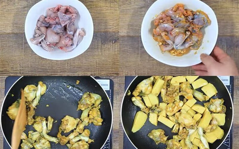 Thịt ếch đang được ướp gia vị cho món lẩu ếch Thái
