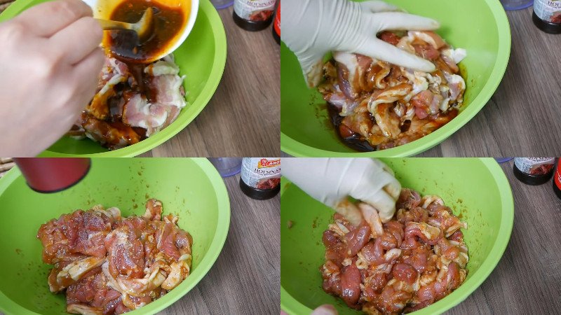 Thịt heo ba rọi đang được ướp với gia vị cho món bún trộn thịt nướng