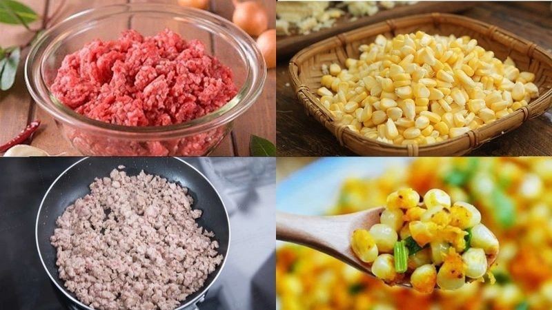Thịt heo băm được xào chín trên chảo trước khi kết hợp với bắp ngọt