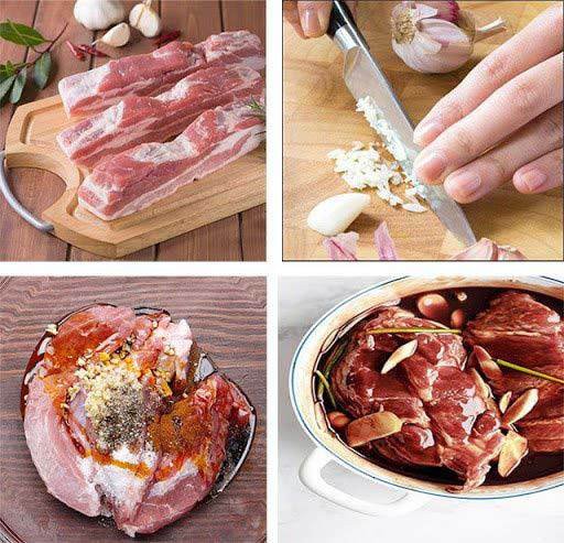 Thịt heo đã được cắt miếng và ướp đều với sốt xá xíu, sẵn sàng cho công đoạn chế biến tiếp theo