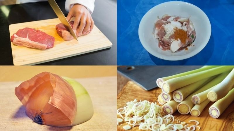 Thịt heo đã được xào săn cùng sả ớt trong chảo, minh họa cách xào thịt heo lăn